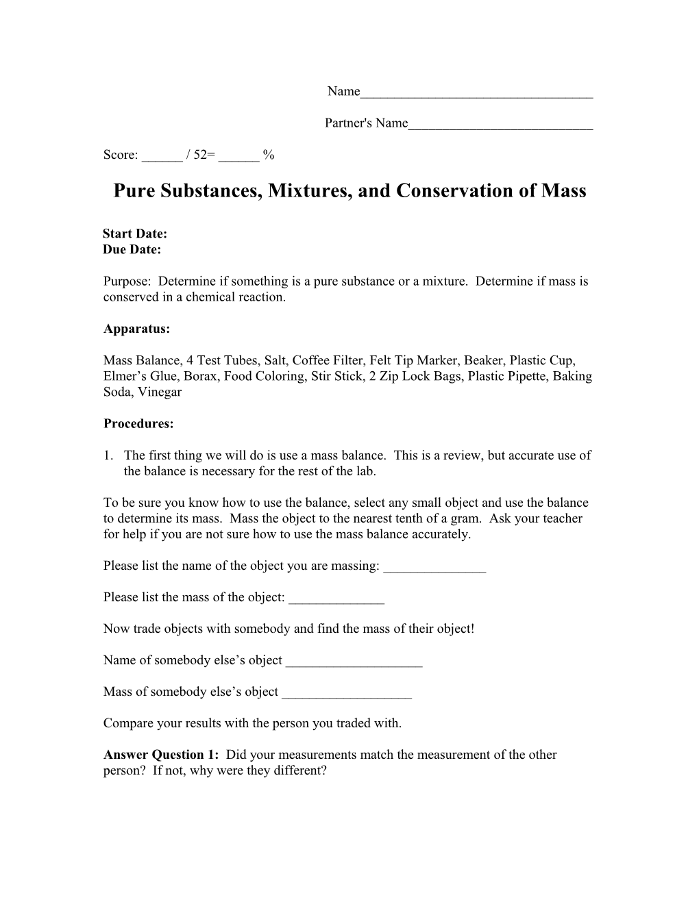 Pure Substances, Mixtures, and Conservation of Mass