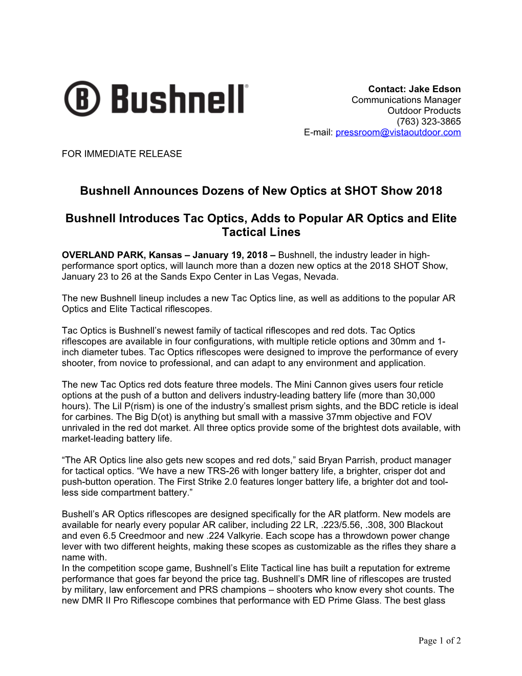 Bushnellannounces Dozens of New Optics at SHOT Show 2018