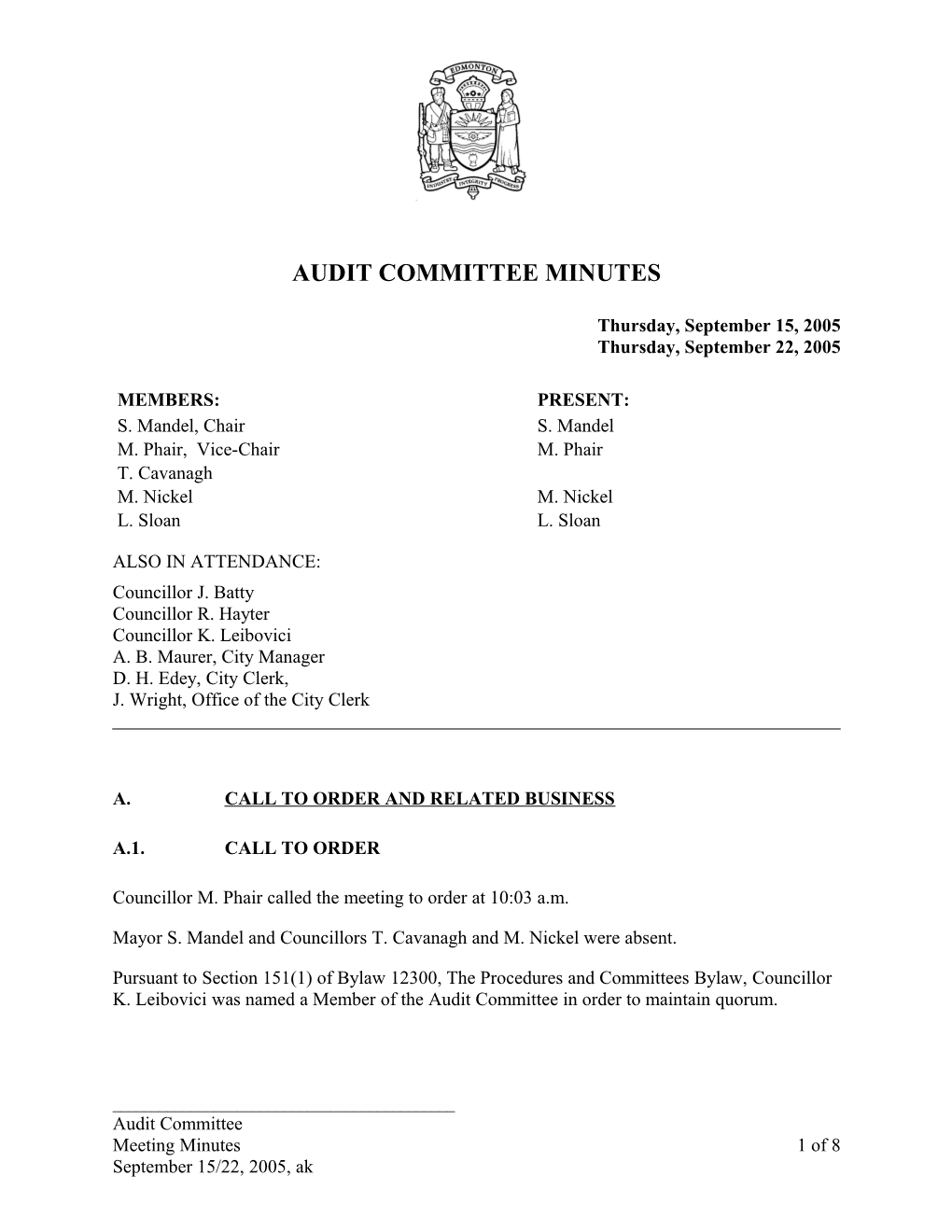 Minutes for Audit Committee September 15, 2005 Meeting