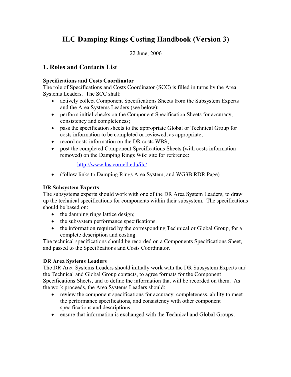 ILC Damping Rings Costing Handbook (Version 3)