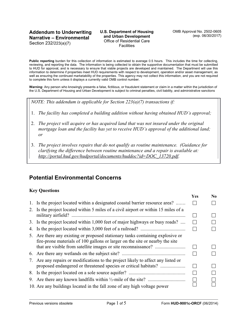 Addendum to Underwriting Narrative Environmental Section 232/223(A)(7)