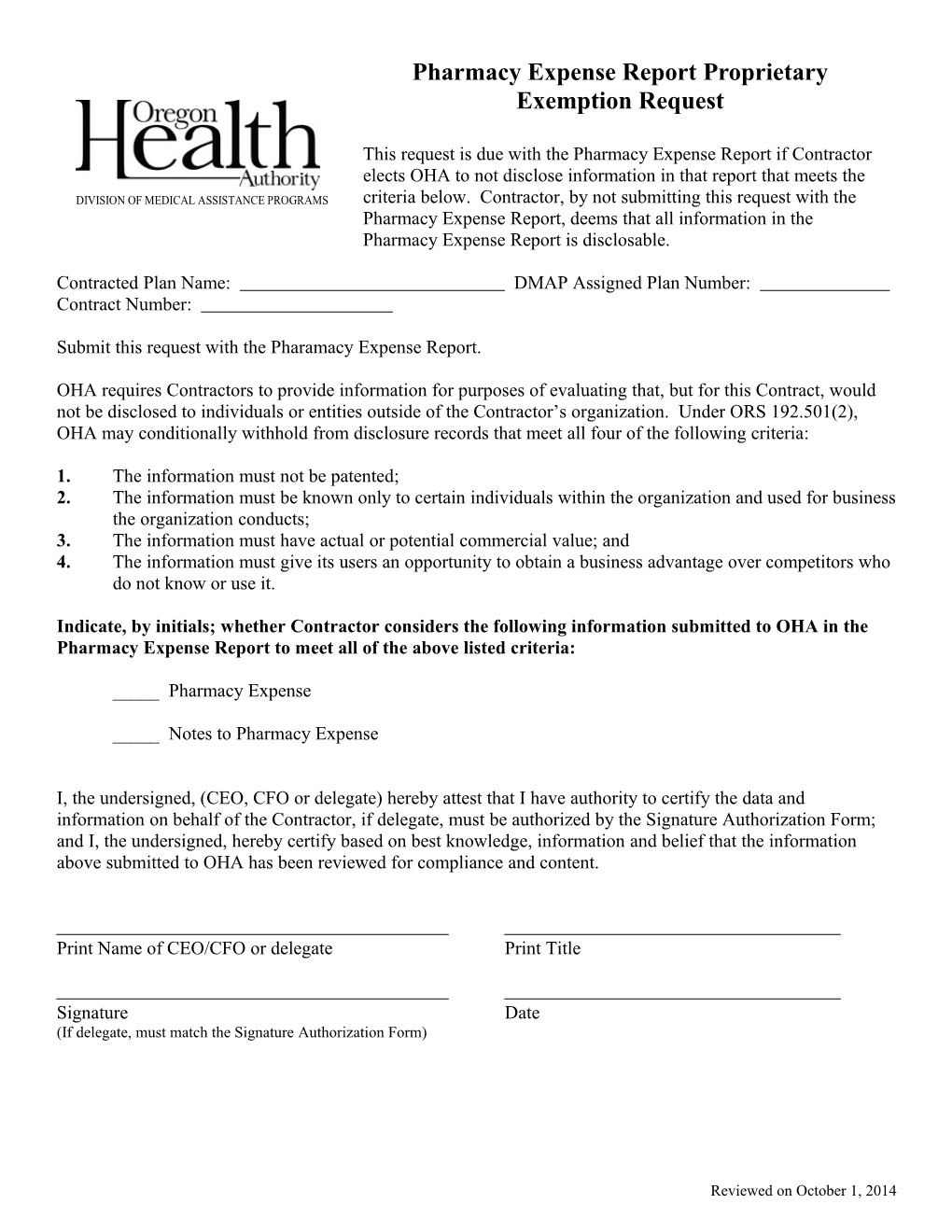 Pharmacy Expense Report Proprietary Exemption Request