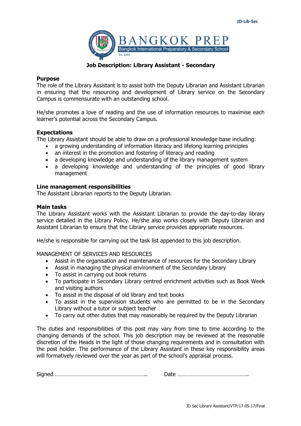 Job Description: Library Assistant- Secondary
