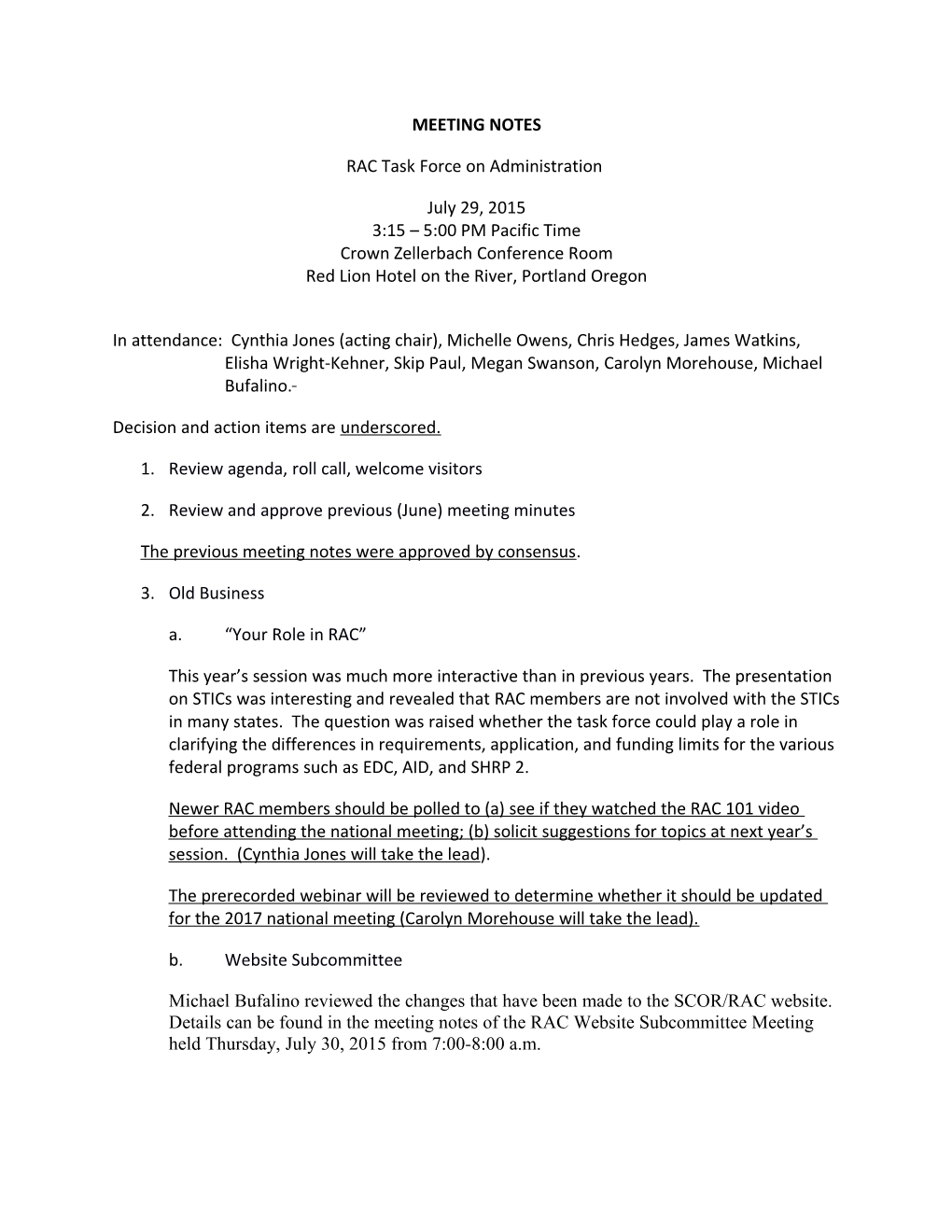 Admin TF Meeting Notes: July 29, 2015
