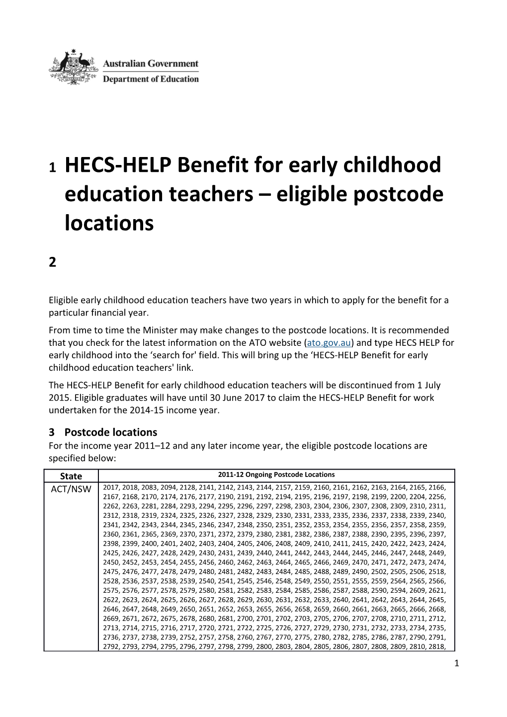 HECS-HELP Benefit for Early Childhood Education Teachers Eligible Postcode Locations