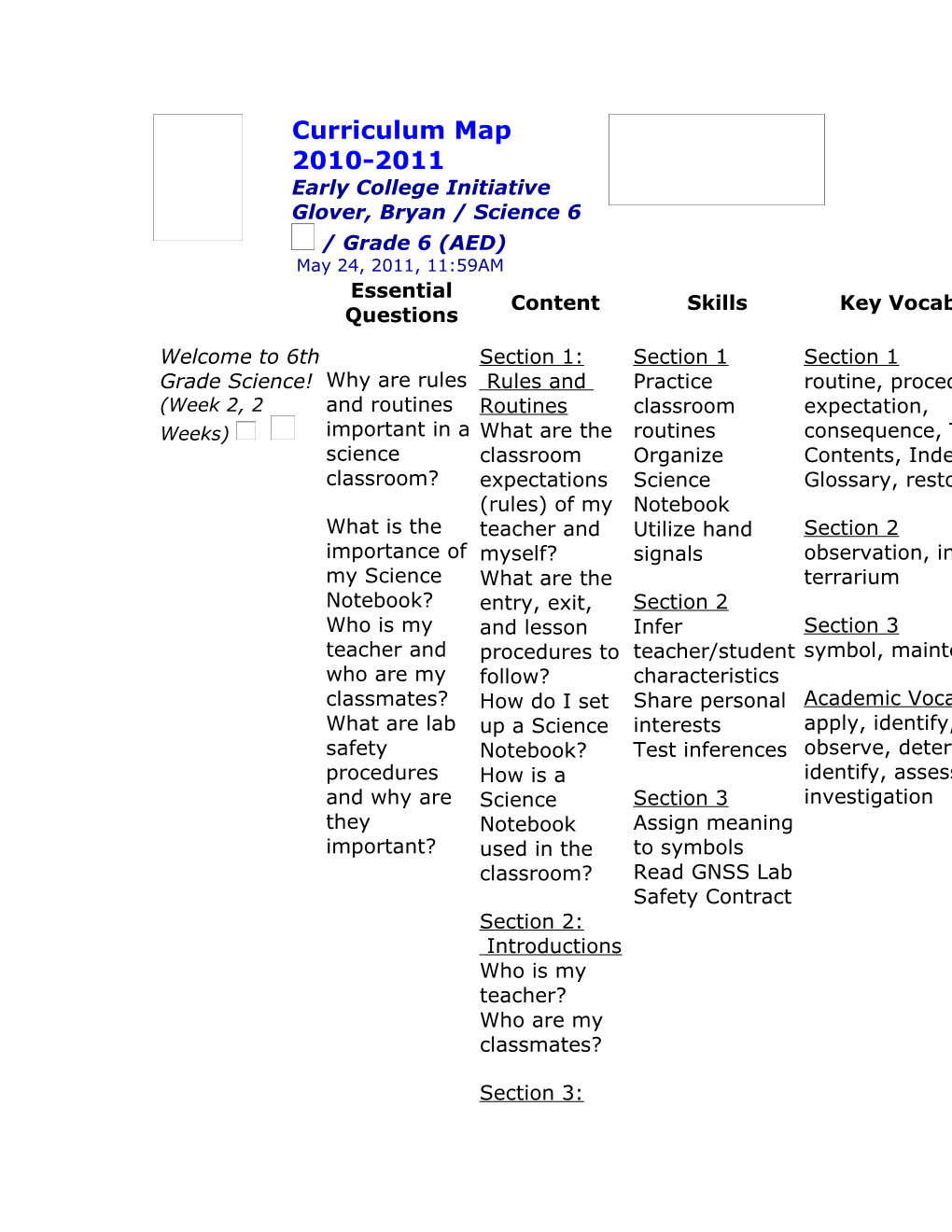 Essential Questions Content Skills Key Vocabulary Assessment Resources Welcome to 6Th