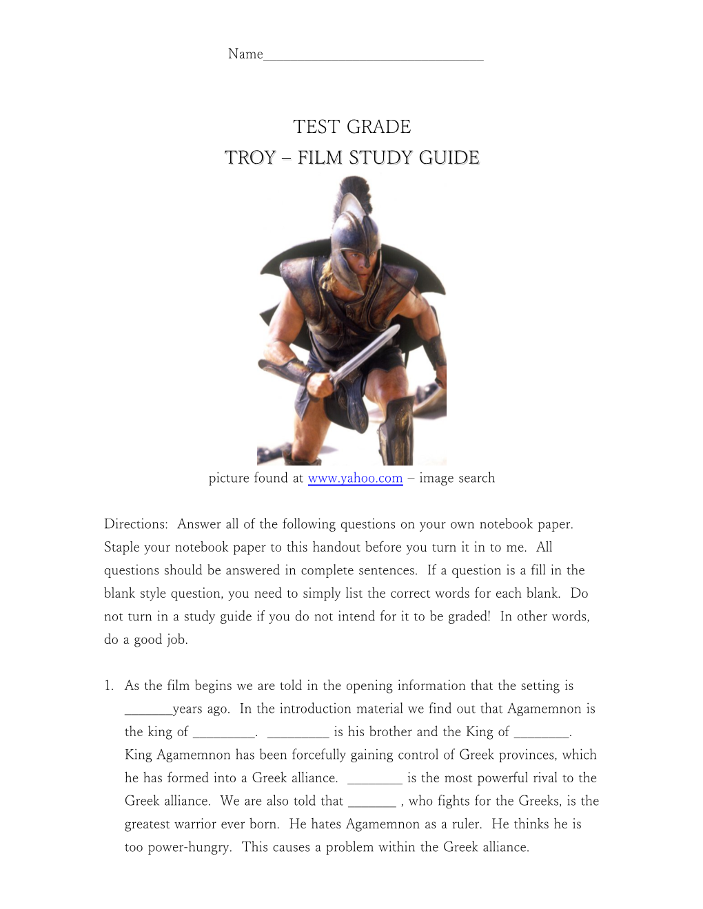 Troy Film Study Guide