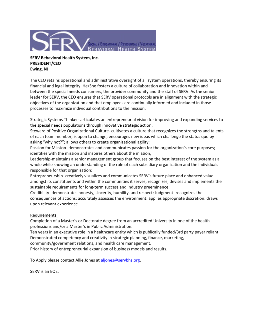 SERV Behavioral Health System, Inc