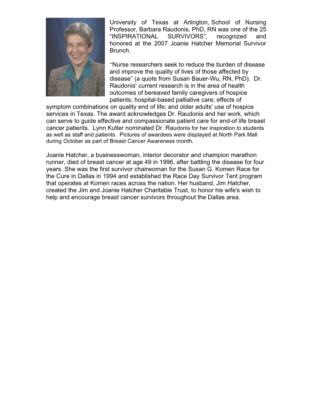 University of Texas at Arlington, School of Nursing Professor, Barbara Raudonis, Phd, RN