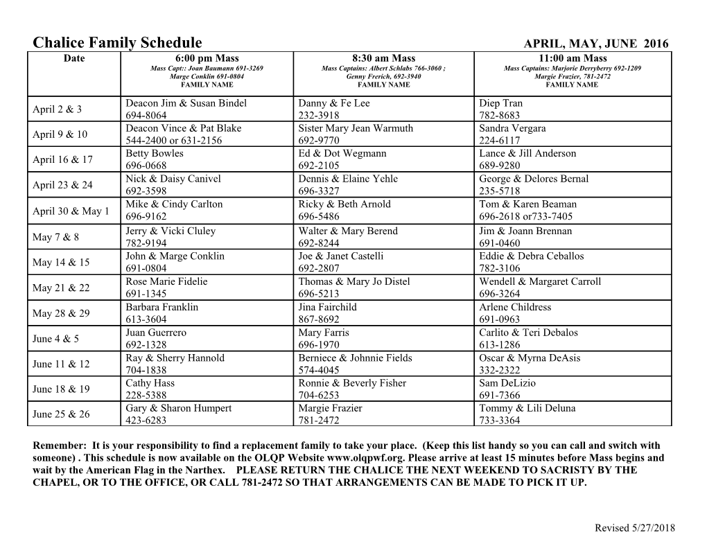 Chalice Family Schedule APRIL, MAY, JUNE 2016