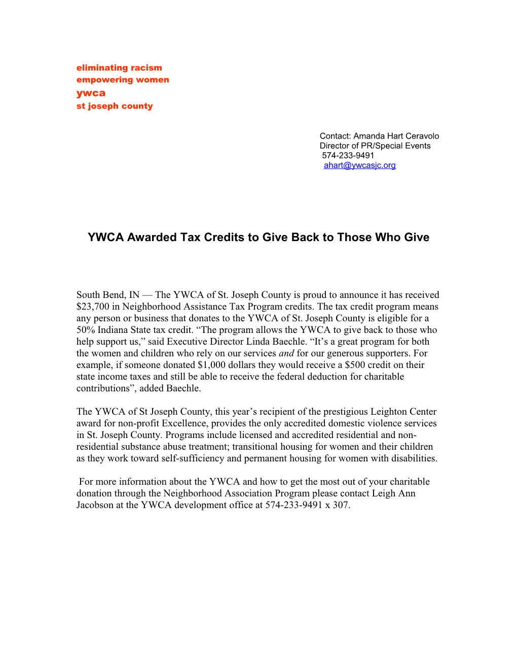 YWCA Awarded Tax Credits to Give Back to Those Who Give
