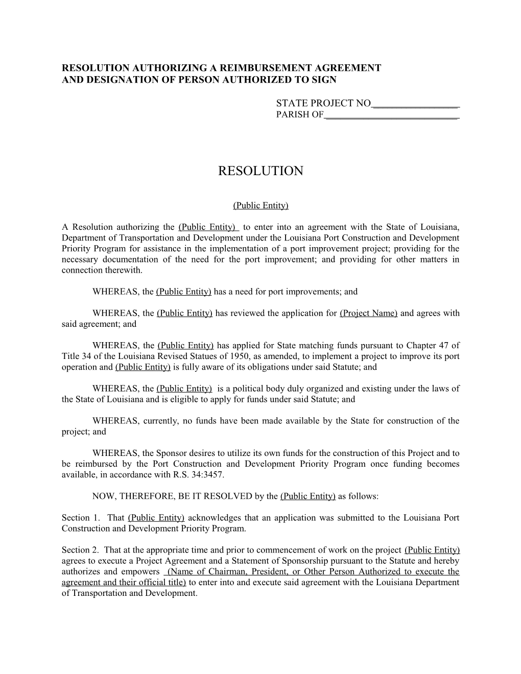 Resolution Authorizing a Reimbursement Agreement