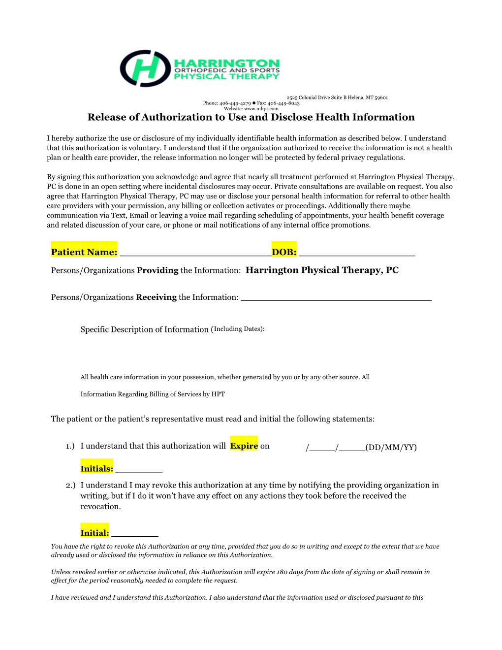 Release of Authorization to Use and Disclose Health Information