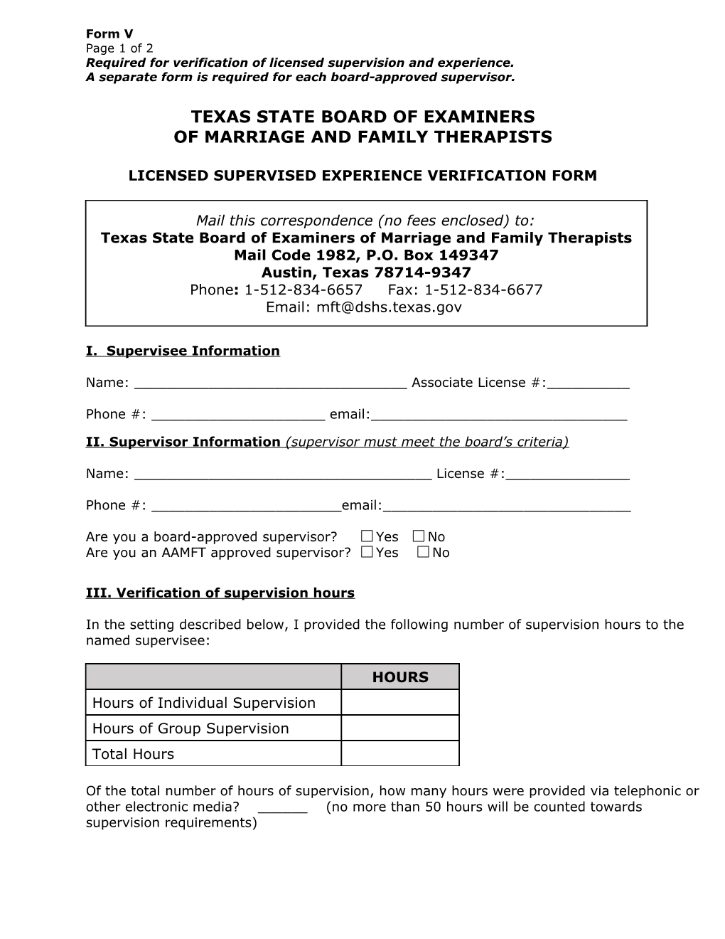 Licensed Supervised Experience Verification Form