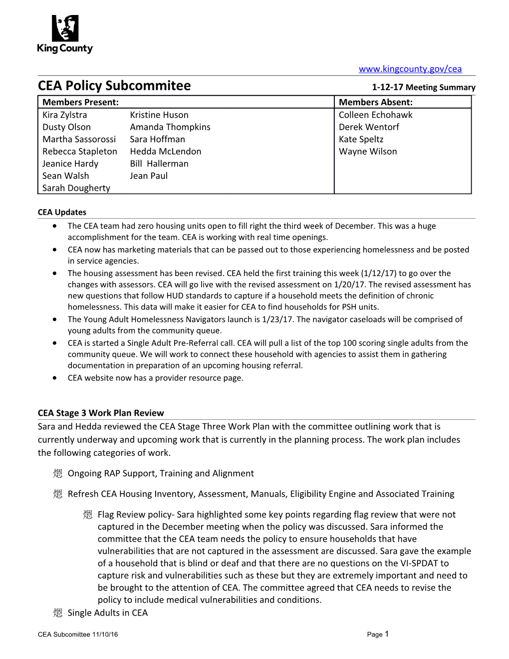 CEA Policy Subcommitee 1-12-17 Meeting Summary