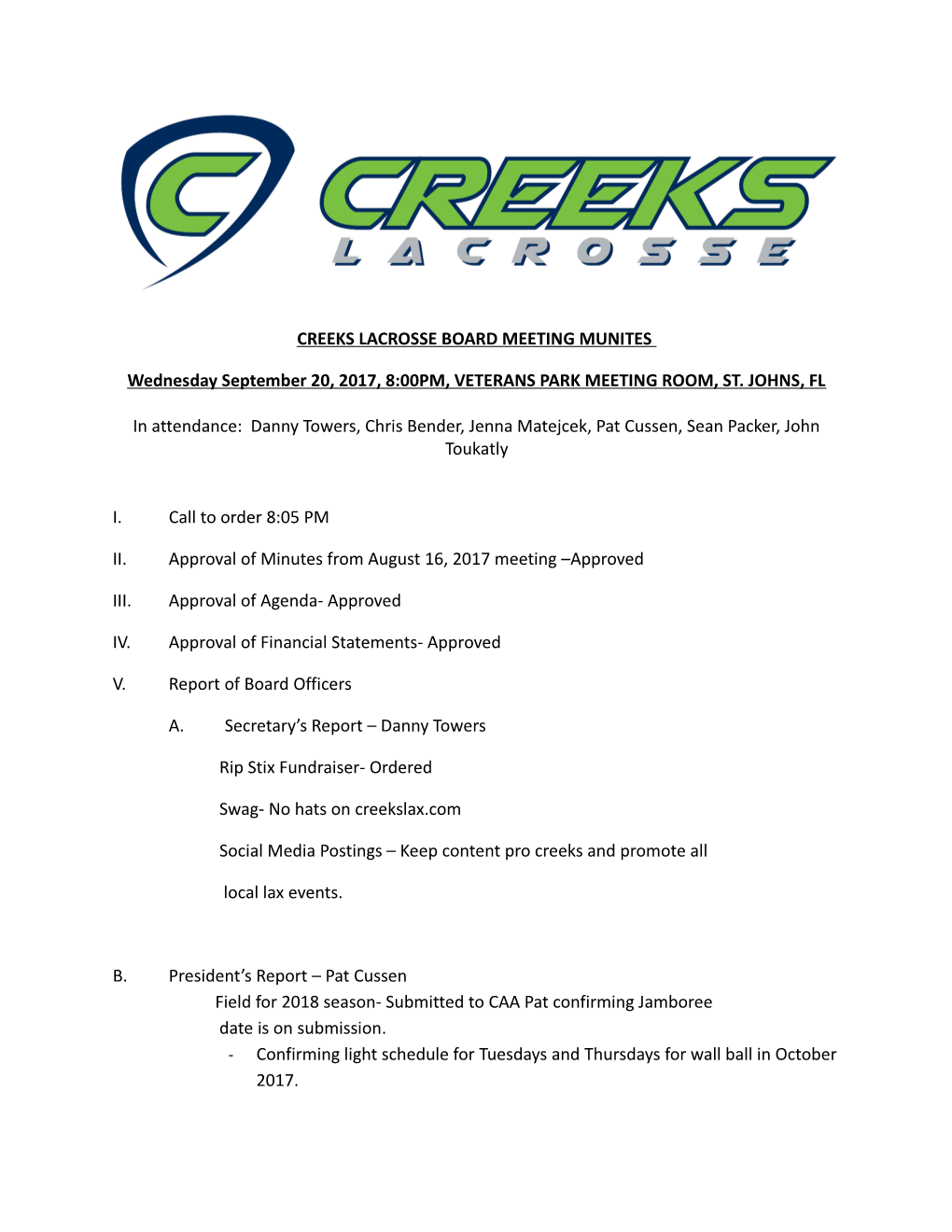 Creeks Lacrosse Board Meeting Munites