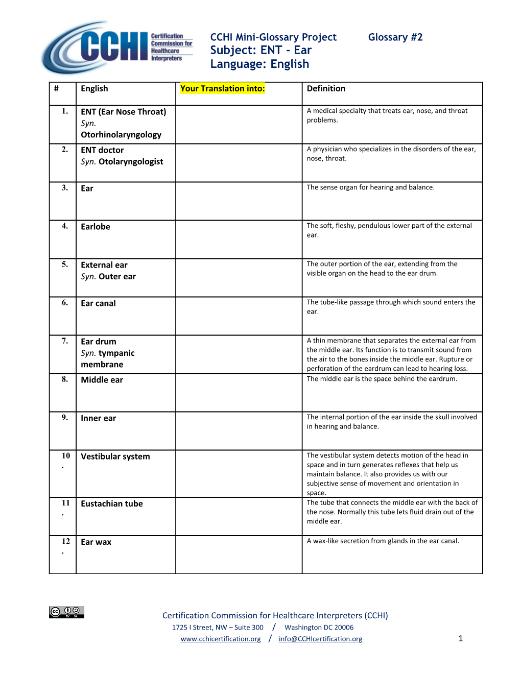 CCHI Mini-Glossary Project Glossary #2, Subject: ENT - Ear Language: English