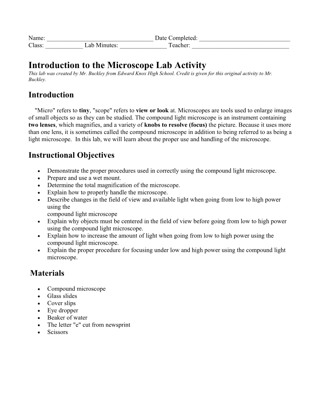 Introduction To The Microscope Lab Activity