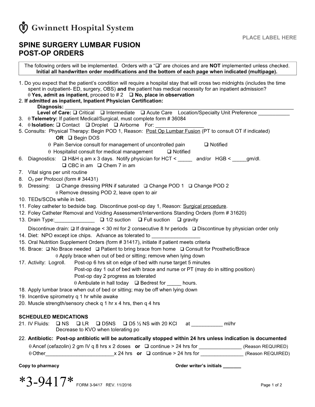 Spine Surgery Lumbar Fusion Post Op Orders