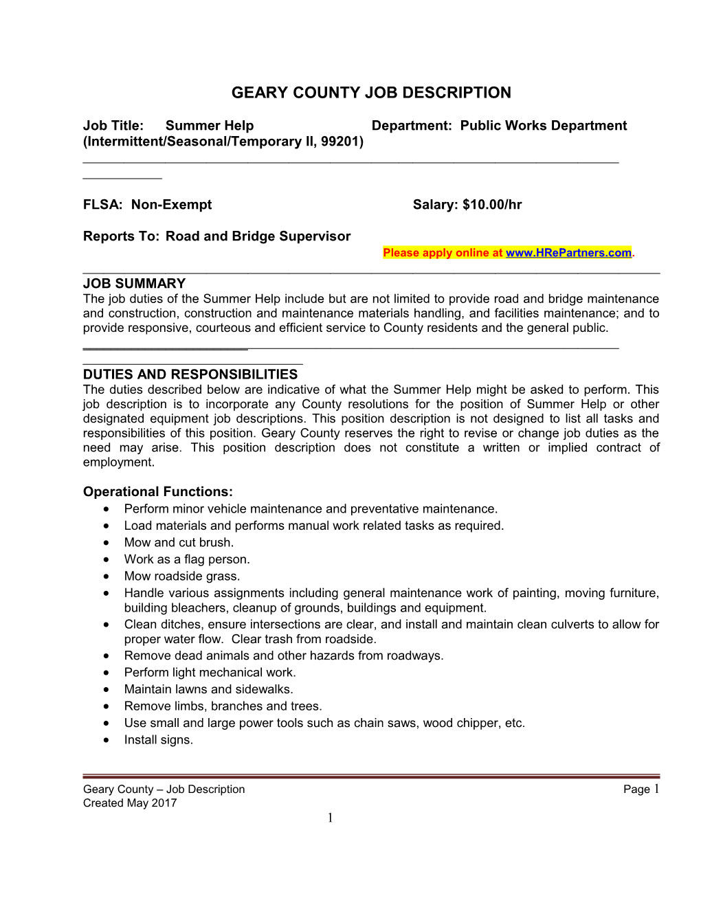 Job Title: Summer Help Department: Public Works Department