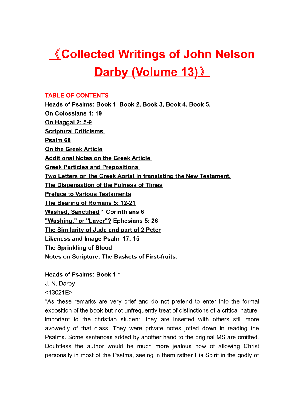 Collected Writings of John Nelson Darby (Volume 13)