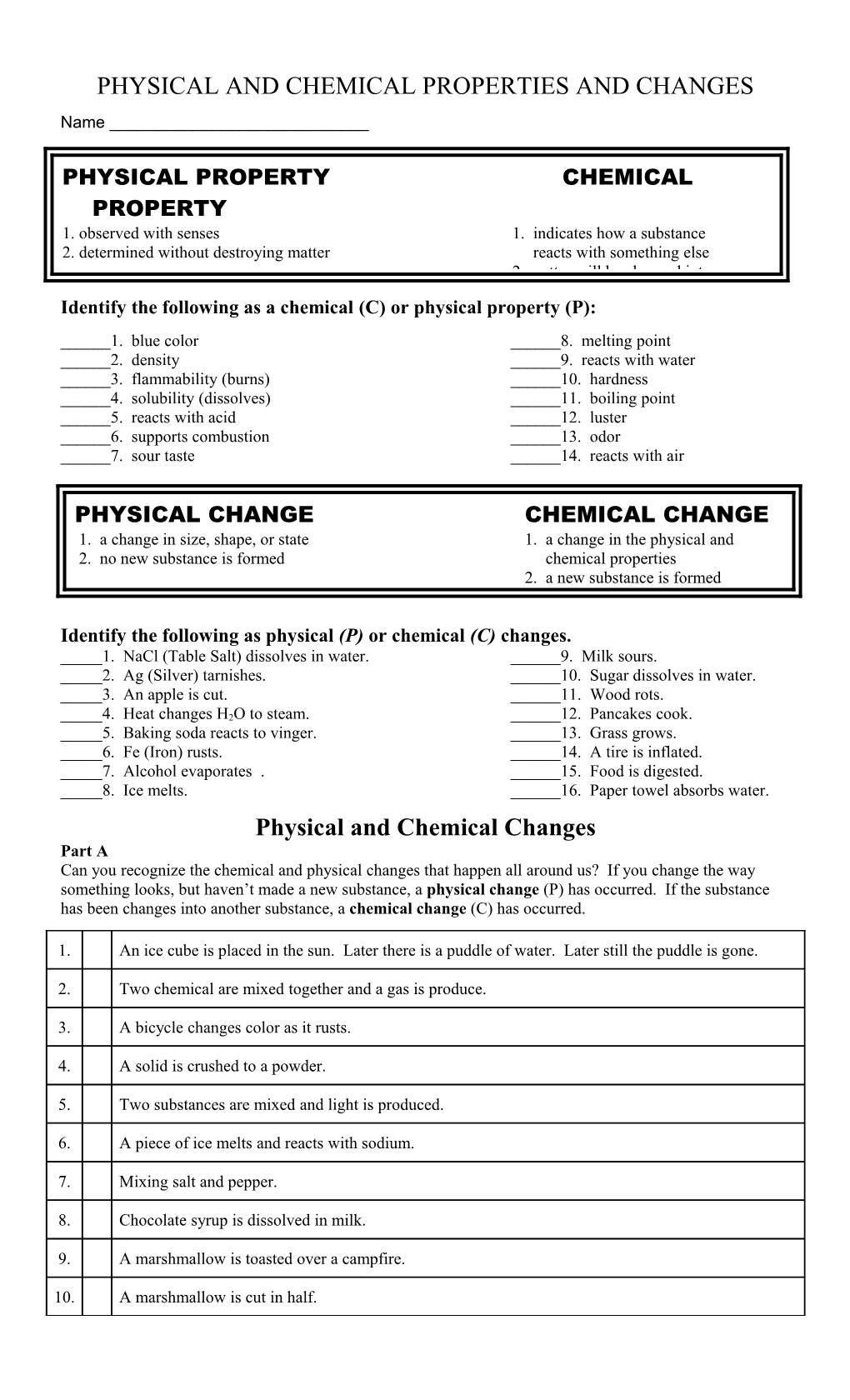 Physical and Chemical Changes Worksheet s1