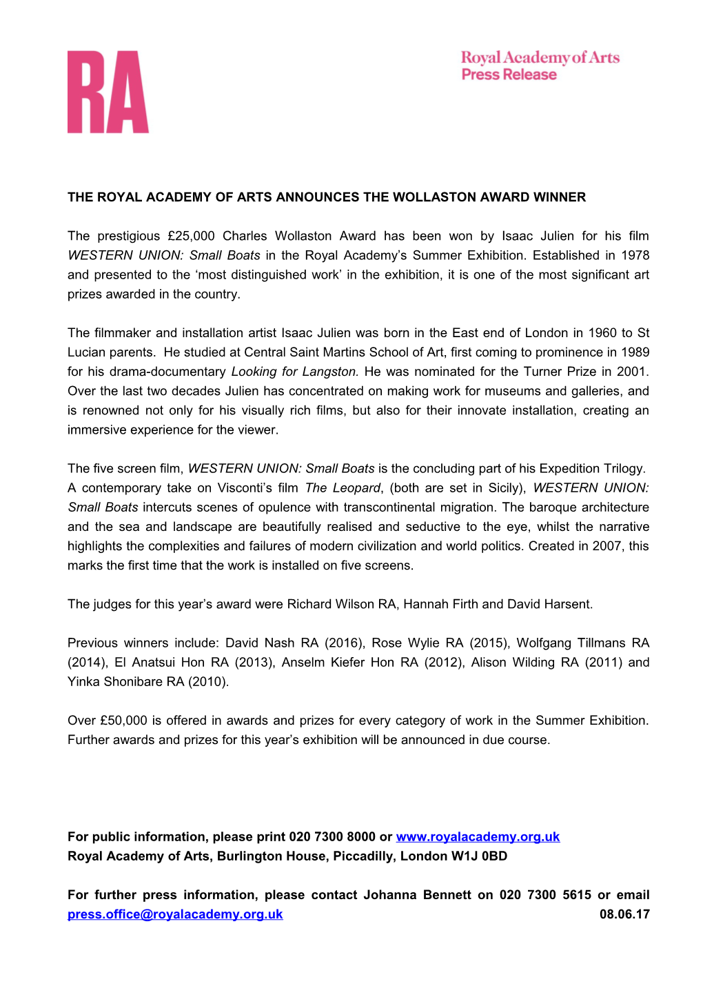 The Royal Academy of Arts Announces the Wollaston Award Winner