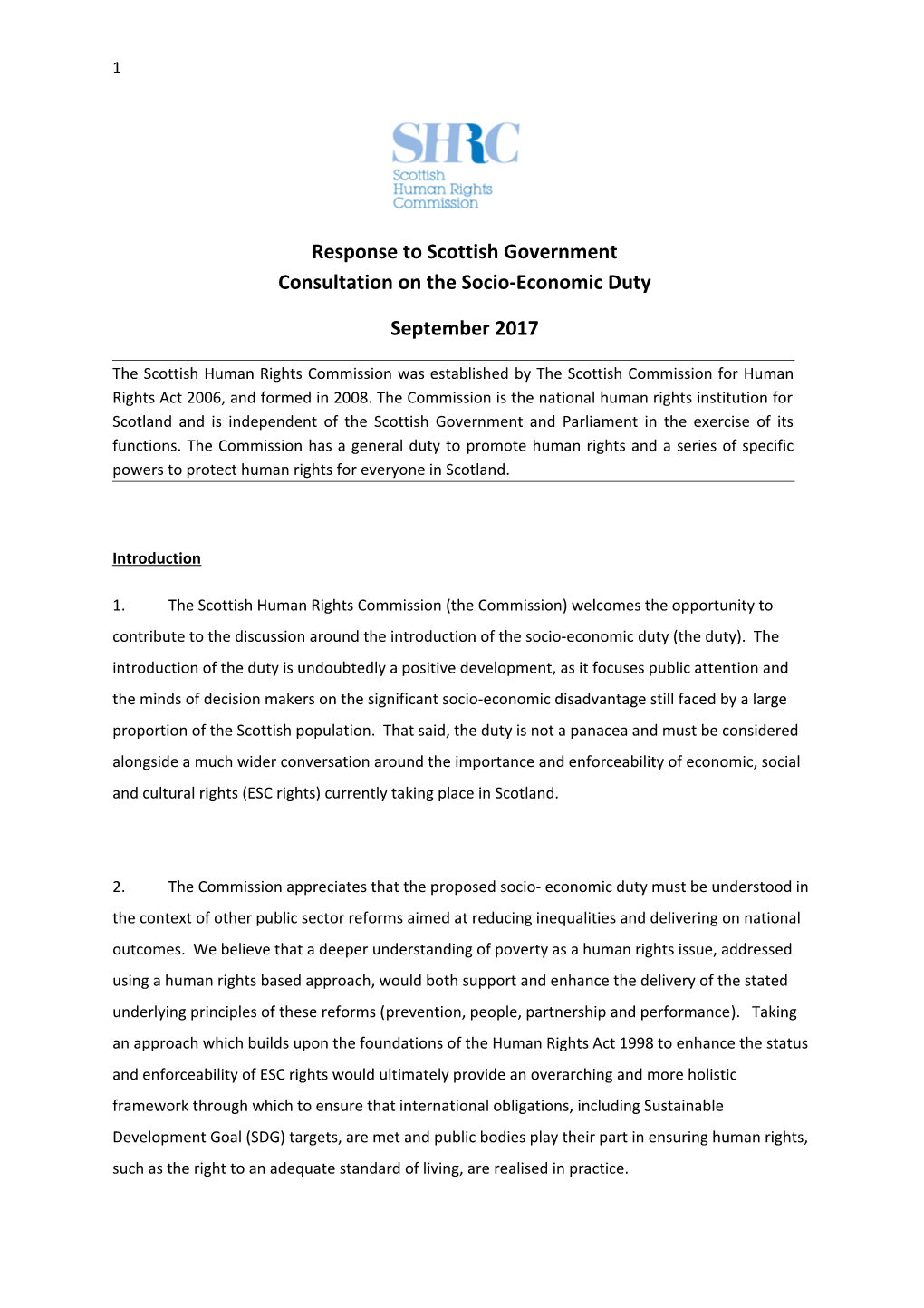 Response to Scottish Government Consultation on the Socio-Economic Duty