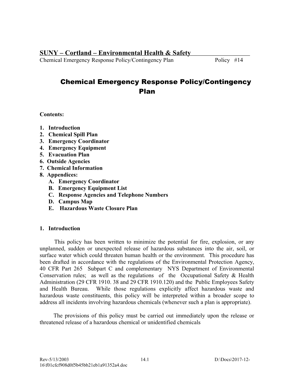 Chemical Emergency Response Policy/Contingency Plan Policy #14