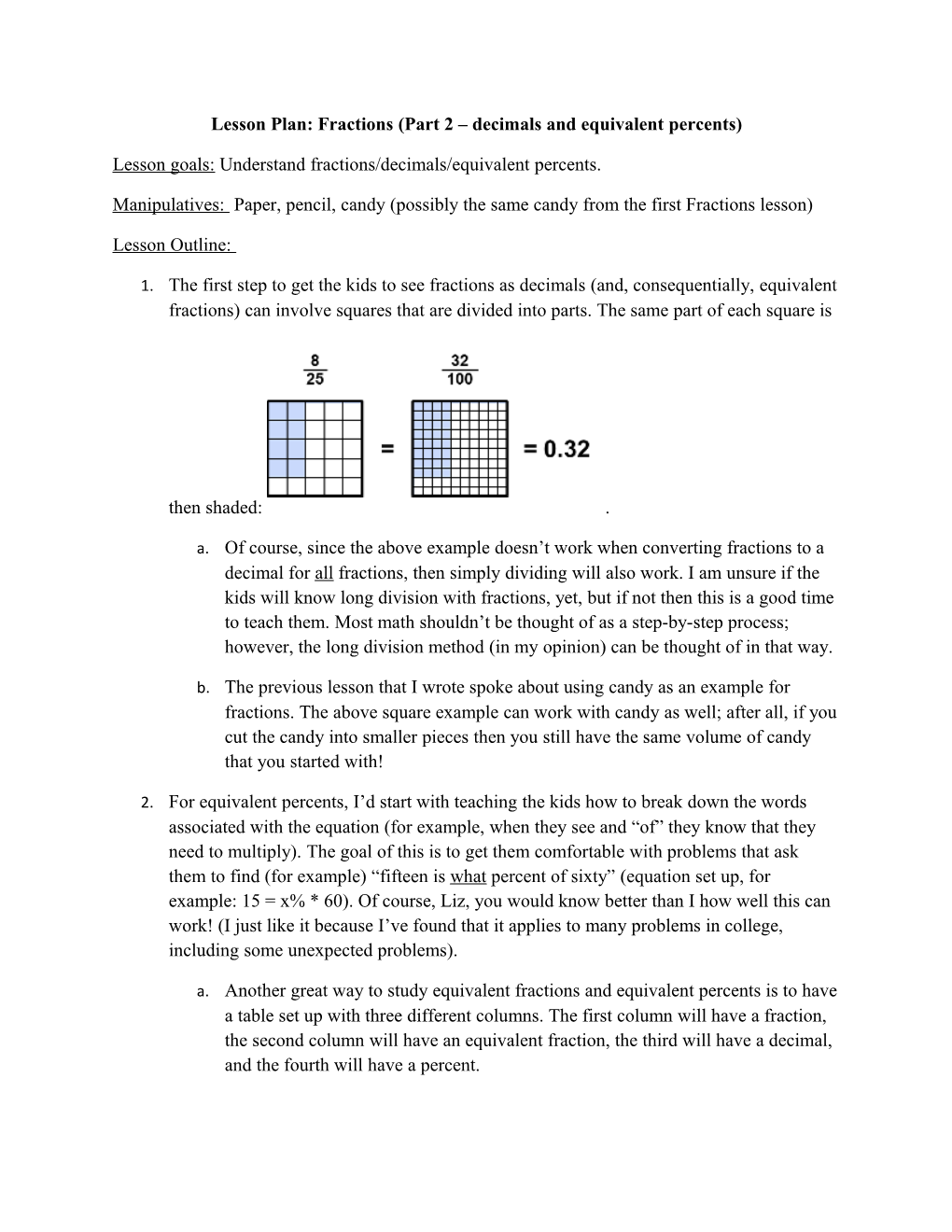Lesson Plan: Fractions (Part 2 Decimals and Equivalent Percents)