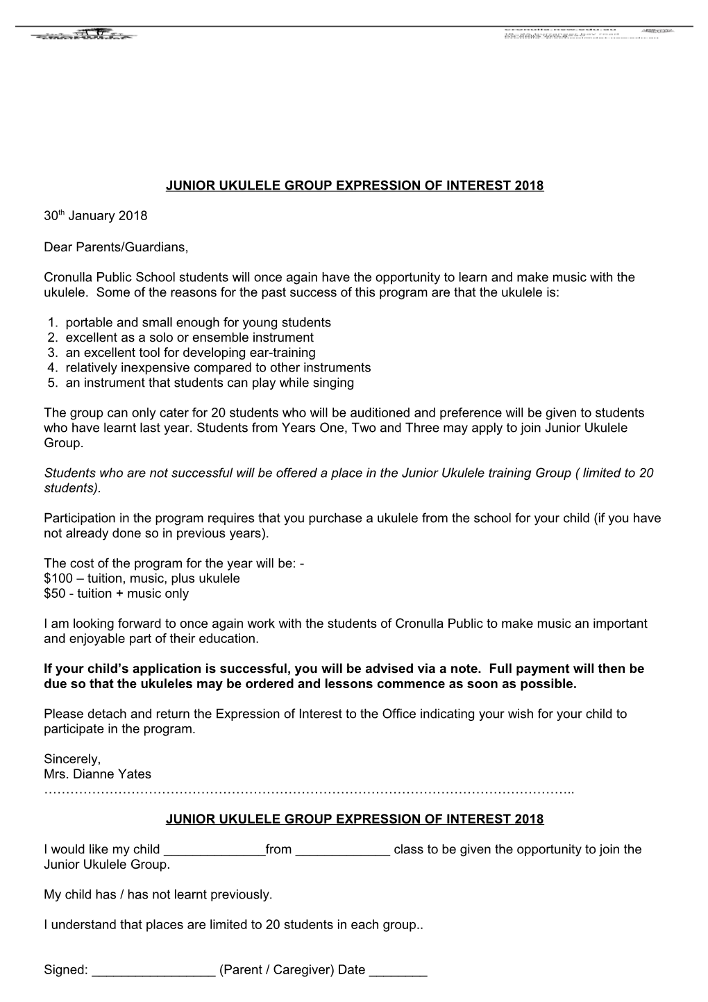 Junior Ukulele Group Expression of Interest 2018