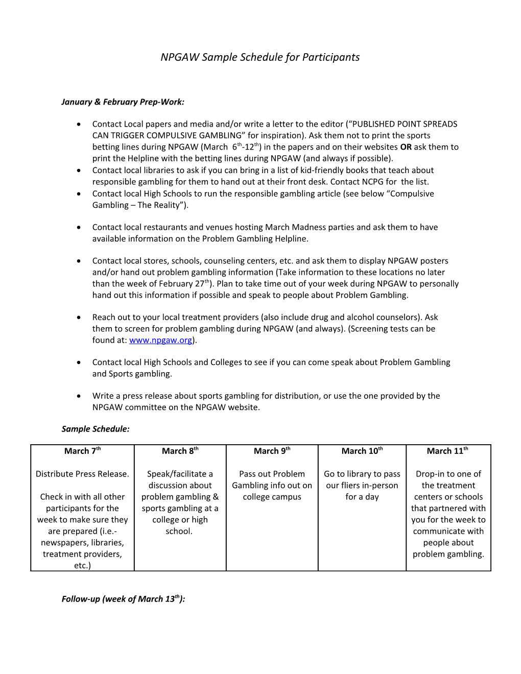 NPGAW Sample Schedule for Participants