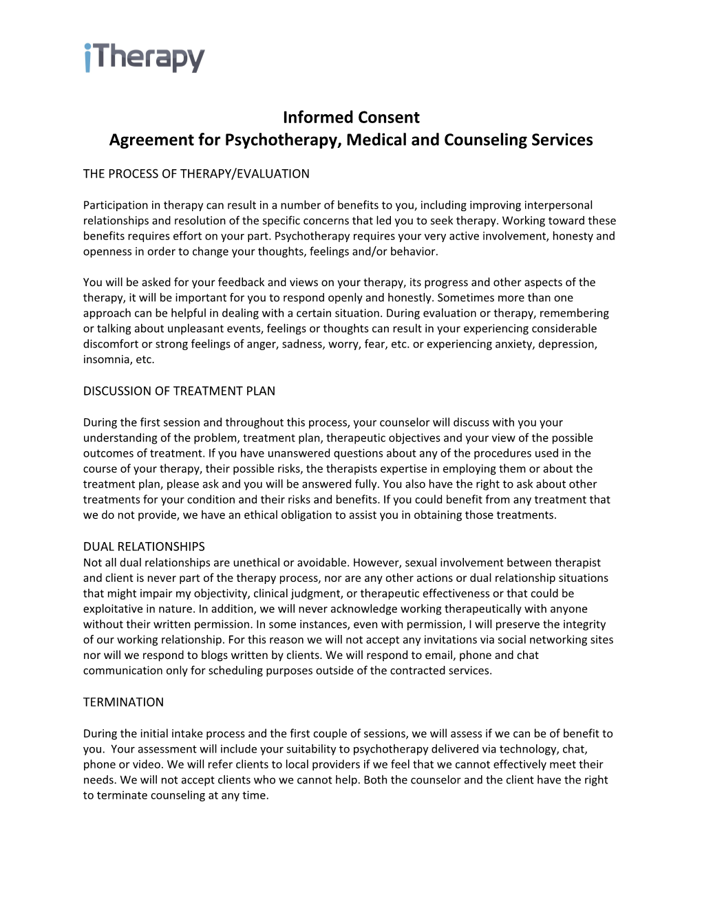 Agreement for Psychotherapy, Medical and Counseling Services
