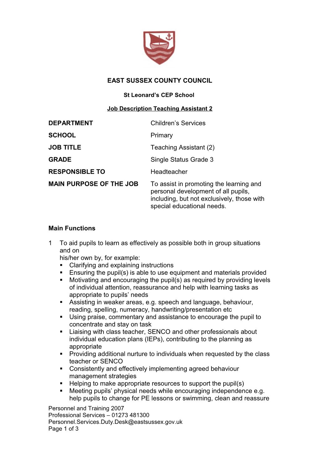 Teaching Assistant 2 - Job Description