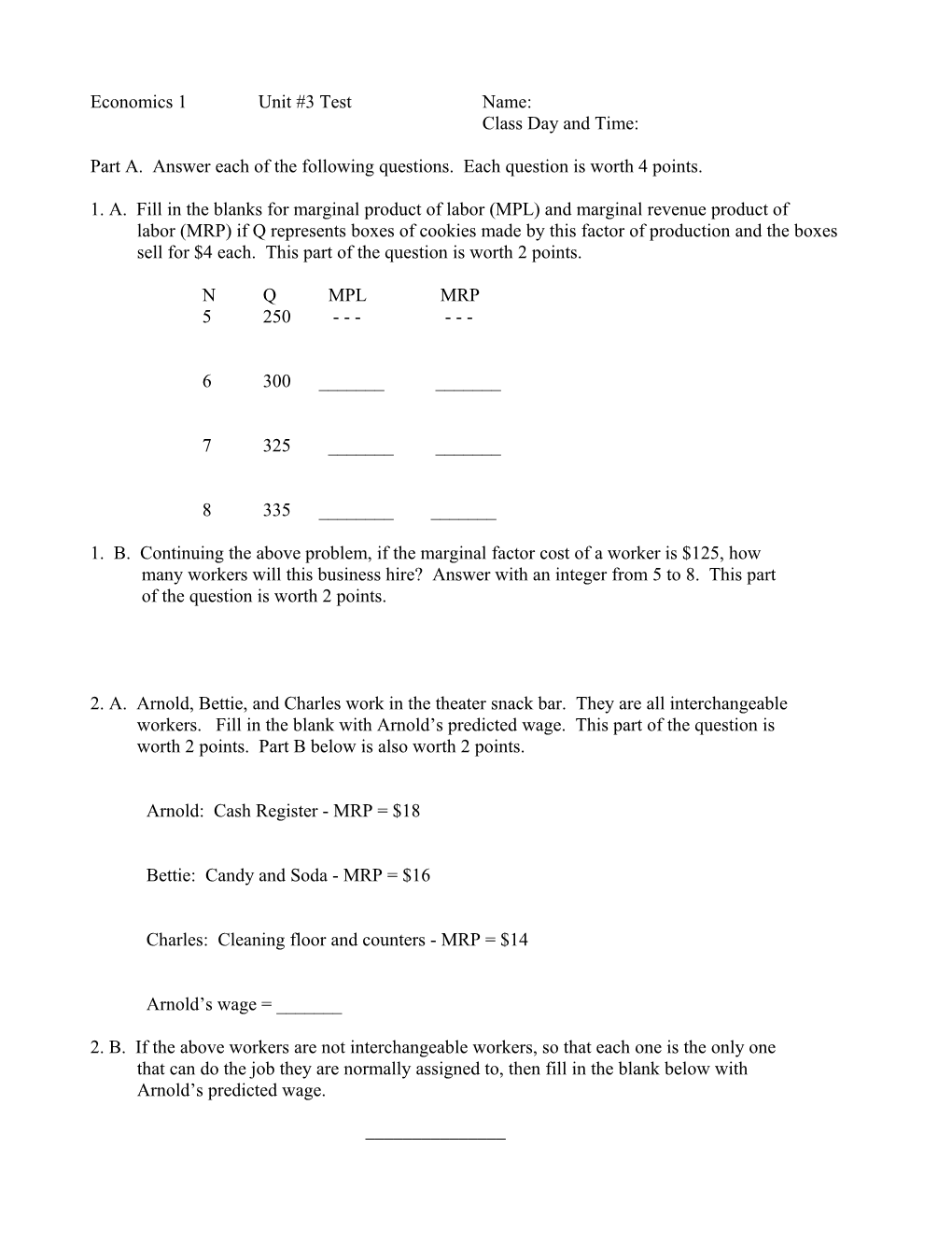 Part A. Answer Each of the Following Questions. Each Question Is Worth 4 Points