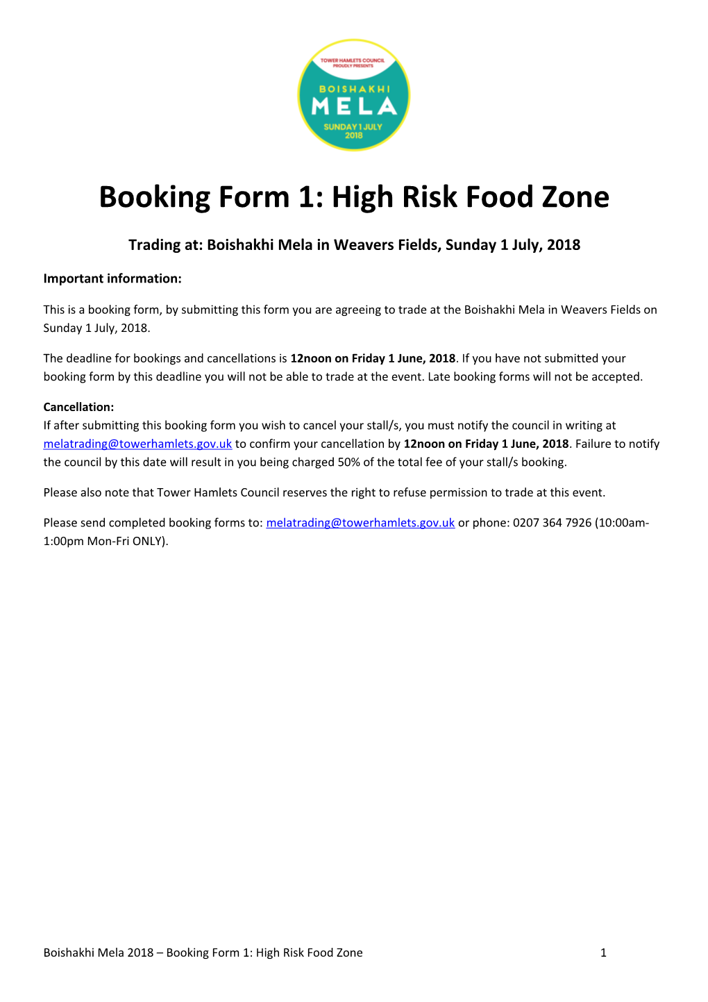 Booking Form 1: High Risk Food Zone
