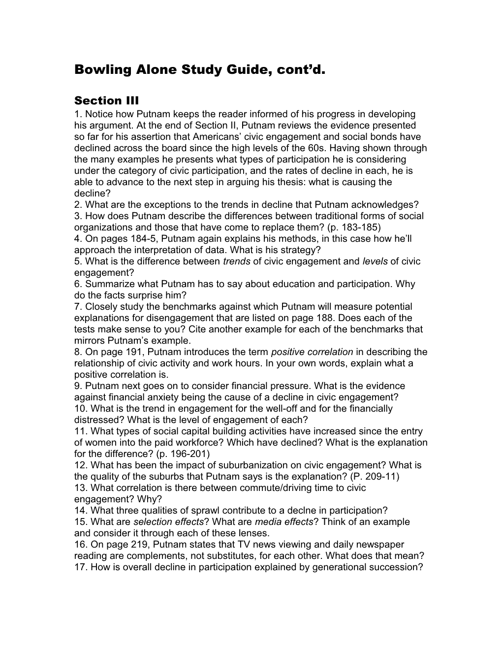 Bowling Alone Study Guide, Cont D