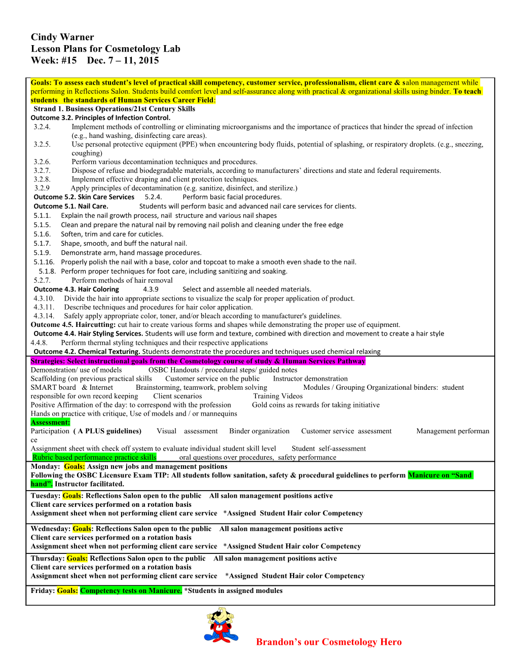 Lesson Plans for Cosmetology Lab