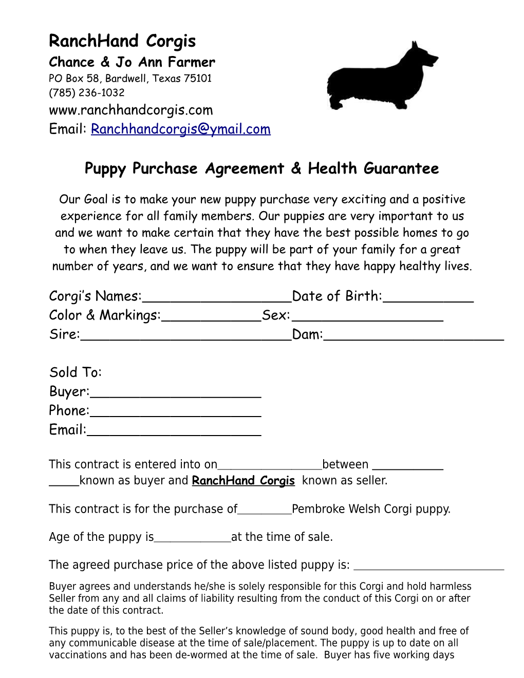 Puppy Purchase Agreement & Health Guarantee