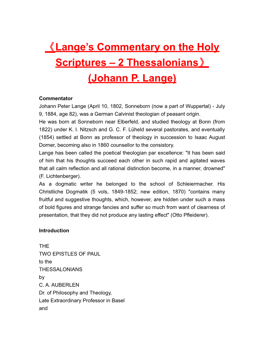 Lange S Commentary on the Holy Scriptures 2 Thessalonians (Johann P. Lange)