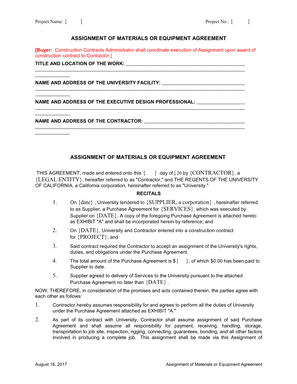 Assignment of Materials Or Equipmentagreement