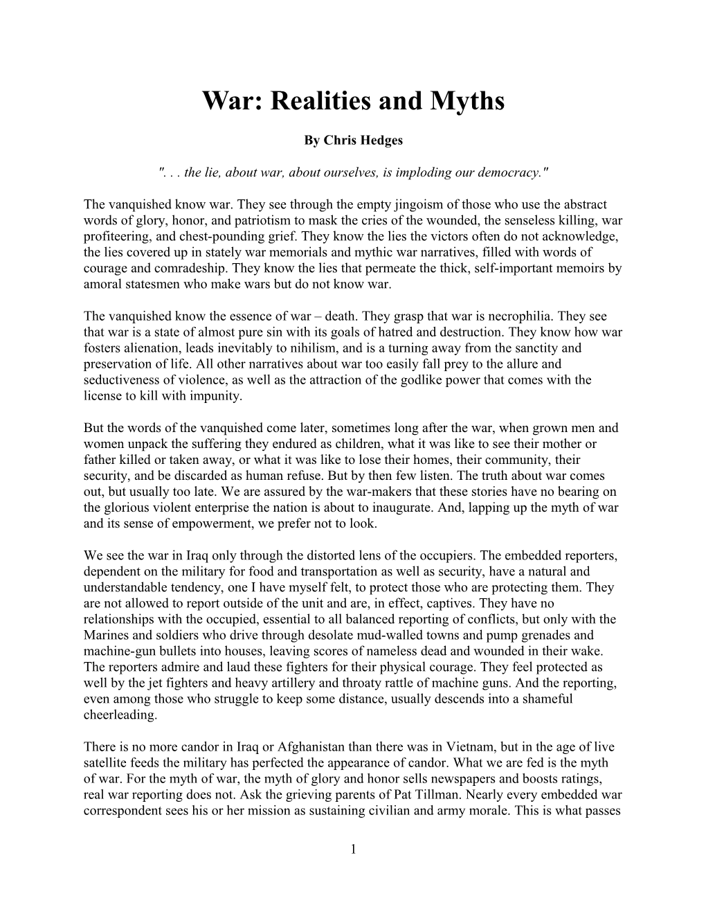 War: Realities and Myths