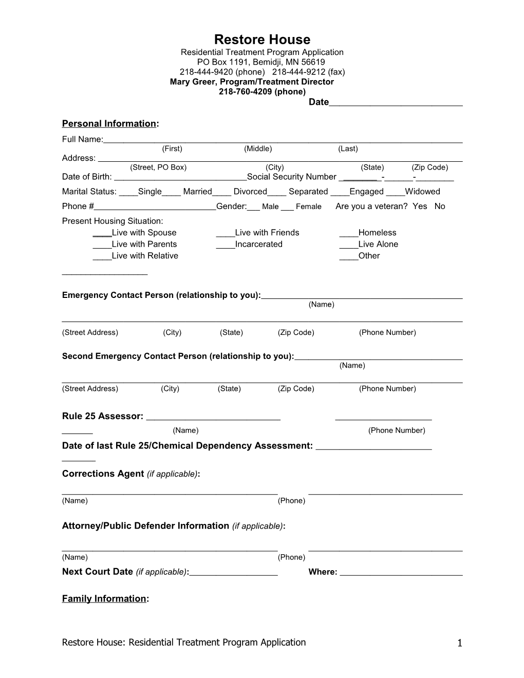Residential Treatment Program Application
