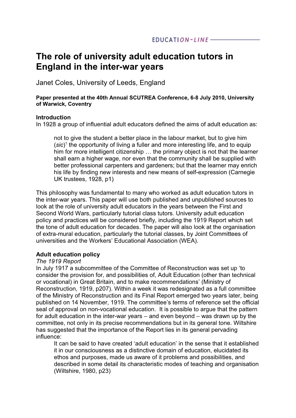 The Role of University Adult Education Tutors in England in the Inter-War Years