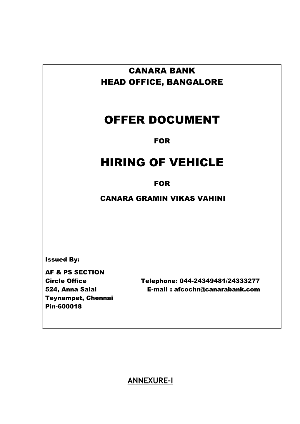 Offer Document Inviting Offers for Hiring Vehicle For