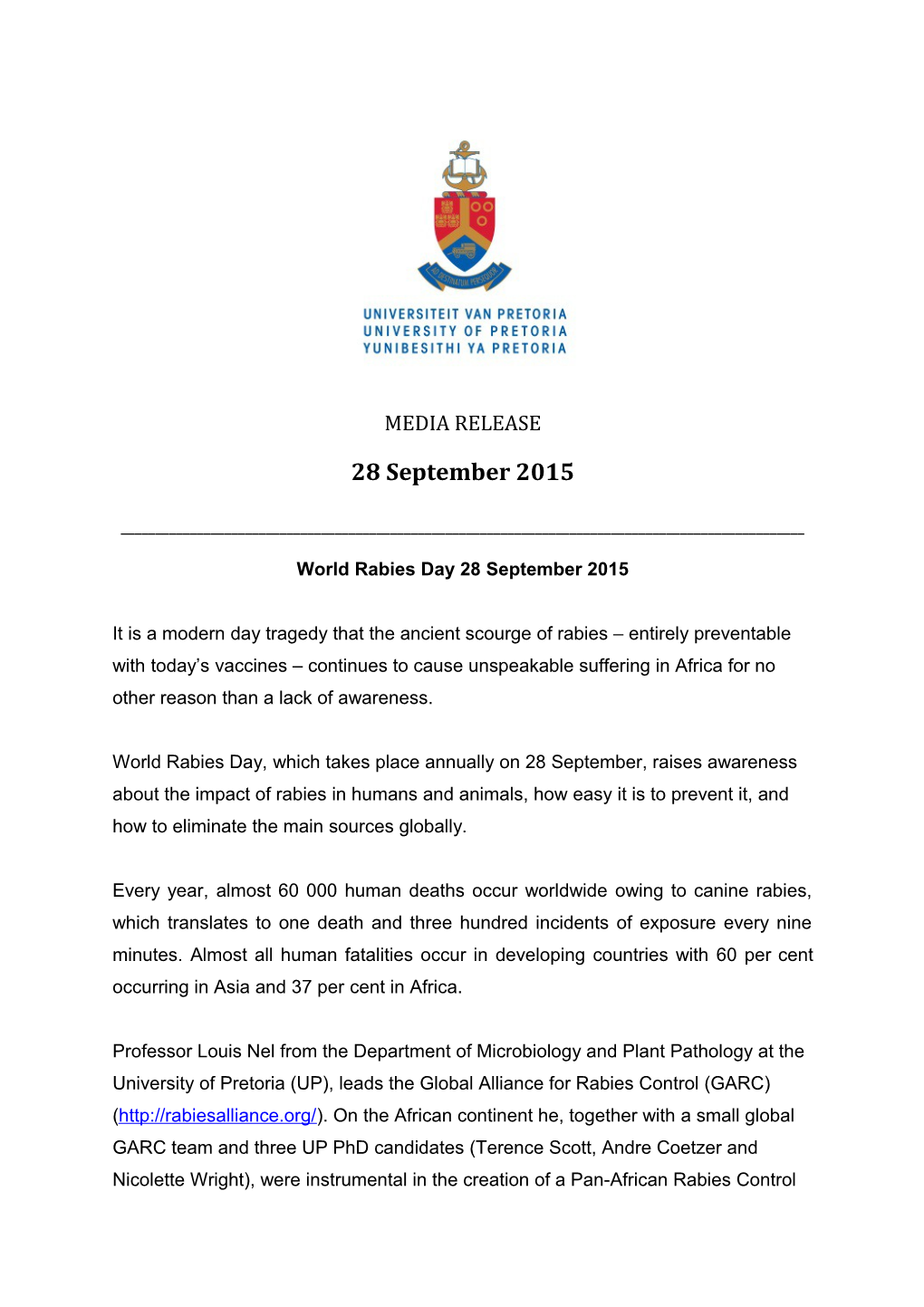 World Rabies Day 28 September 2015