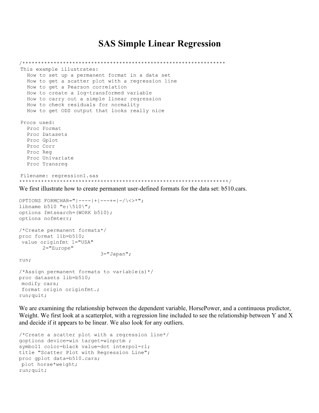 SAS Simple Linear Regression s1