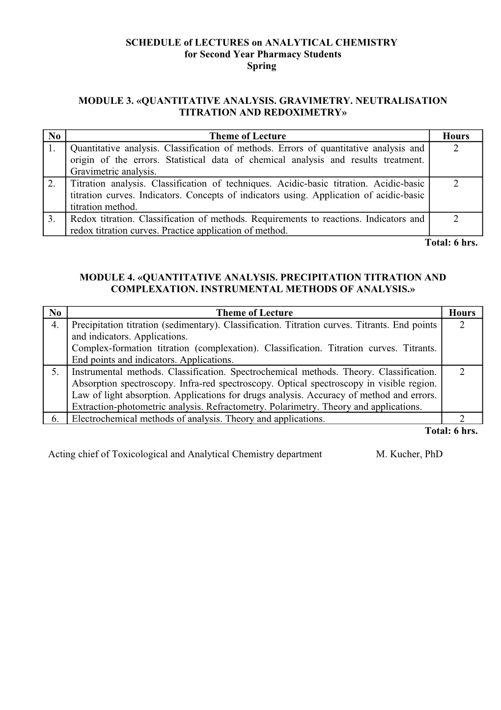 SCHEDULE of LABORATORY LESSONS on ANALYTICAL CHEMISTRY