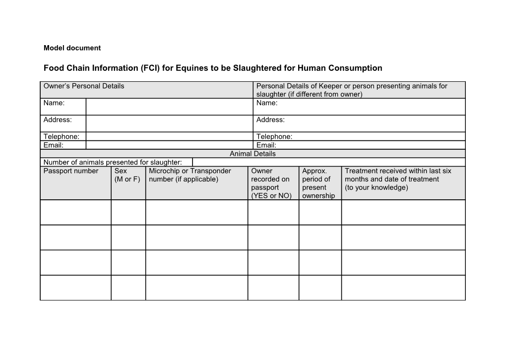 Model Food Chain Information (FCI) for Equines to Be Slaughtered for Human Consumption
