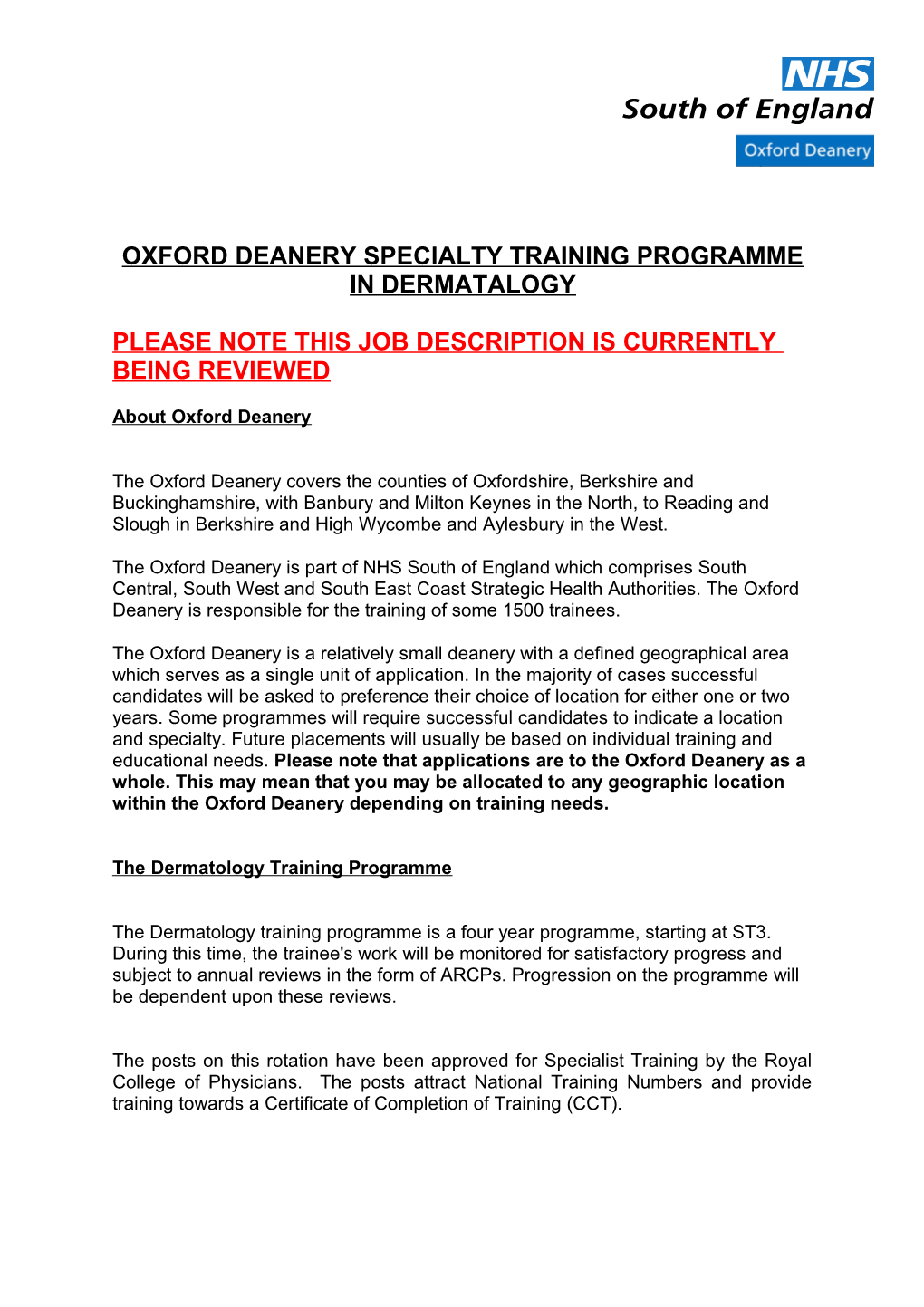 Oxford Deanery Specialty Training Programme in Dermatalogy